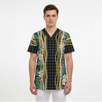 Hawaiian Art Flower Tribal with Lei Scrub Top Palaka Pattern Black Color - Polynesian Pride