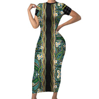 Hawaiian Art Flower Tribal with Lei Short Sleeve Bodycon Dress Palaka Pattern Black Color LT03 Long Dress Black - Polynesian Pride