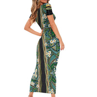 Hawaiian Art Flower Tribal with Lei Short Sleeve Bodycon Dress Palaka Pattern Black Color LT03 - Polynesian Pride