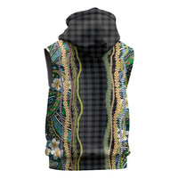Hawaiian Art Flower Tribal with Lei Sleeveless Hoodie Palaka Pattern Black Color - Polynesian Pride