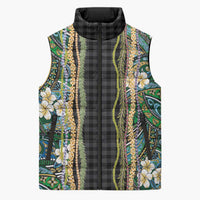 Hawaiian Art Flower Tribal with Lei Sleeveless Puffer Jacket Palaka Pattern Black Color - Polynesian Pride