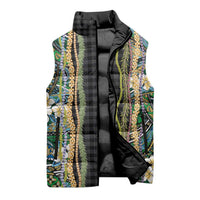 Hawaiian Art Flower Tribal with Lei Sleeveless Puffer Jacket Palaka Pattern Black Color - Polynesian Pride