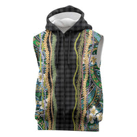 Hawaiian Art Flower Tribal with Lei Sleeveless Zip Hoodie Palaka Pattern Black Color - Polynesian Pride