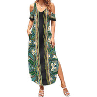 Hawaiian Art Flower Tribal with Lei Summer Maxi Dress Palaka Pattern Black Color - Polynesian Pride