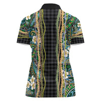 Hawaiian Art Flower Tribal with Lei Women Polo Shirt Palaka Pattern Black Color - Polynesian Pride