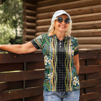 Hawaiian Art Flower Tribal with Lei Women Polo Shirt Palaka Pattern Black Color - Polynesian Pride