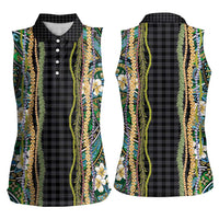 Hawaiian Art Flower Tribal with Lei Women Sleeveless Polo Shirt Palaka Pattern Black Color - Polynesian Pride