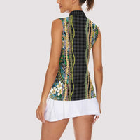 Hawaiian Art Flower Tribal with Lei Women Sleeveless Polo Shirt Palaka Pattern Black Color - Polynesian Pride