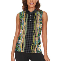 Hawaiian Art Flower Tribal with Lei Women Sleeveless Polo Shirt Palaka Pattern Black Color - Polynesian Pride