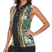 Hawaiian Art Flower Tribal with Lei Women Sleeveless Polo Shirt Palaka Pattern Black Color - Polynesian Pride