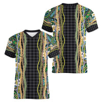 Hawaiian Art Flower Tribal with Lei Women V-Neck T-Shirt Palaka Pattern Black Color - Polynesian Pride