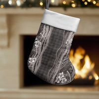 Hawaiian Art Flower Tribal with Lei Christmas Stocking Palaka Pattern Grayscale - Polynesian Pride