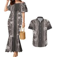 Hawaiian Art Flower Tribal with Lei Couples Matching Mermaid Dress and Hawaiian Shirt Palaka Pattern Grayscale - Polynesian Pride