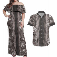 Hawaiian Art Flower Tribal with Lei Couples Matching Off Shoulder Maxi Dress and Hawaiian Shirt Palaka Pattern Grayscale - Polynesian Pride