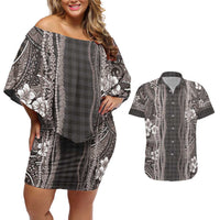 Hawaiian Art Flower Tribal with Lei Couples Matching Off Shoulder Short Dress and Hawaiian Shirt Palaka Pattern Grayscale - Polynesian Pride