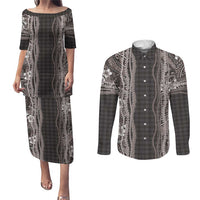 Hawaiian Art Flower Tribal with Lei Couples Matching Puletasi and Long Sleeve Button Shirt Palaka Pattern Grayscale - Polynesian Pride