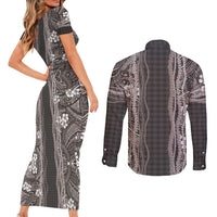 Hawaiian Art Flower Tribal with Lei Couples Matching Short Sleeve Bodycon Dress and Long Sleeve Button Shirt Palaka Pattern Grayscale - Polynesian Pride