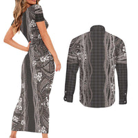 Hawaiian Art Flower Tribal with Lei Couples Matching Short Sleeve Bodycon Dress and Long Sleeve Button Shirt Palaka Pattern Grayscale - Polynesian Pride
