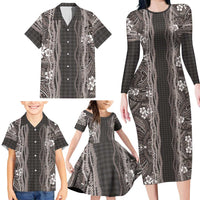 Hawaiian Art Flower Tribal with Lei Family Matching Long Sleeve Bodycon Dress and Hawaiian Shirt Palaka Pattern Grayscale - Polynesian Pride