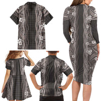 Hawaiian Art Flower Tribal with Lei Family Matching Long Sleeve Bodycon Dress and Hawaiian Shirt Palaka Pattern Grayscale - Polynesian Pride
