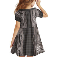 Hawaiian Art Flower Tribal with Lei Family Matching Off The Shoulder Long Sleeve Dress and Hawaiian Shirt Palaka Pattern Grayscale - Polynesian Pride