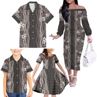 Hawaiian Art Flower Tribal with Lei Family Matching Off The Shoulder Long Sleeve Dress and Hawaiian Shirt Palaka Pattern Grayscale - Polynesian Pride