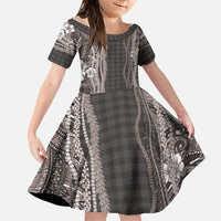 Hawaiian Art Flower Tribal with Lei Family Matching Off Shoulder Maxi Dress and Hawaiian Shirt Palaka Pattern Grayscale - Polynesian Pride