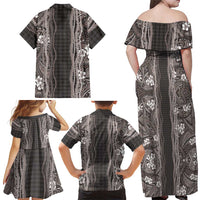 Hawaiian Art Flower Tribal with Lei Family Matching Off Shoulder Maxi Dress and Hawaiian Shirt Palaka Pattern Grayscale - Polynesian Pride