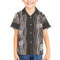 Hawaiian Art Flower Tribal with Lei Family Matching Off Shoulder Maxi Dress and Hawaiian Shirt Palaka Pattern Grayscale - Polynesian Pride