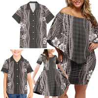 Hawaiian Art Flower Tribal with Lei Family Matching Off Shoulder Short Dress and Hawaiian Shirt Palaka Pattern Grayscale - Polynesian Pride