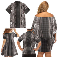 Hawaiian Art Flower Tribal with Lei Family Matching Off Shoulder Short Dress and Hawaiian Shirt Palaka Pattern Grayscale - Polynesian Pride