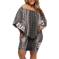 Hawaiian Art Flower Tribal with Lei Family Matching Off Shoulder Short Dress and Hawaiian Shirt Palaka Pattern Grayscale - Polynesian Pride