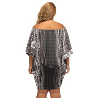 Hawaiian Art Flower Tribal with Lei Family Matching Off Shoulder Short Dress and Hawaiian Shirt Palaka Pattern Grayscale - Polynesian Pride