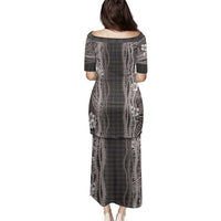 Hawaiian Art Flower Tribal with Lei Family Matching Puletasi and Hawaiian Shirt Palaka Pattern Grayscale - Polynesian Pride