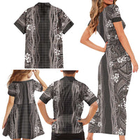 Hawaiian Art Flower Tribal with Lei Family Matching Short Sleeve Bodycon Dress and Hawaiian Shirt Palaka Pattern Grayscale - Polynesian Pride