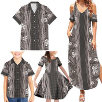 Hawaiian Art Flower Tribal with Lei Family Matching Summer Maxi Dress and Hawaiian Shirt Palaka Pattern Grayscale - Polynesian Pride