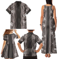 Hawaiian Art Flower Tribal with Lei Family Matching Tank Maxi Dress and Hawaiian Shirt Palaka Pattern Grayscale - Polynesian Pride