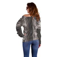 Hawaiian Art Flower Tribal with Lei Off Shoulder Sweater Palaka Pattern Grayscale LT03 - Polynesian Pride