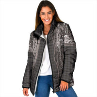 Hawaiian Art Flower Tribal with Lei Padded Jacket Palaka Pattern Grayscale LT03 Women Gray - Polynesian Pride