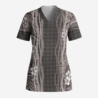 Hawaiian Art Flower Tribal with Lei Scrub Top Palaka Pattern Grayscale - Polynesian Pride