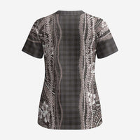 Hawaiian Art Flower Tribal with Lei Scrub Top Palaka Pattern Grayscale - Polynesian Pride
