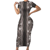 Hawaiian Art Flower Tribal with Lei Short Sleeve Bodycon Dress Palaka Pattern Grayscale - Polynesian Pride