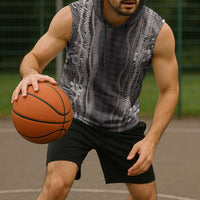 Hawaiian Art Flower Tribal with Lei Sleeveless Hoodie Palaka Pattern Grayscale - Polynesian Pride