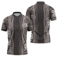 Hawaiian Art Flower Tribal with Lei Zipper Polo Shirt Palaka Pattern Grayscale - Polynesian Pride