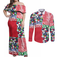 Hawaiian Floral Kakau Tropical Leaves-Sporty Style Couples Matching Off Shoulder Maxi Dress and Long Sleeve Button Shirt