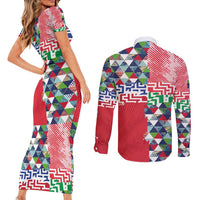 Hawaiian Floral Kakau Tropical Leaves-Sporty Style Couples Matching Short Sleeve Bodycon Dress and Long Sleeve Button Shirt