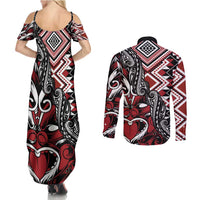 Aotearoa Maori Moko Art with Taniko Half Style Couples Matching Summer Maxi Dress and Long Sleeve Button Shirt