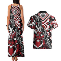 Aotearoa Maori Moko Art with Taniko Half Style Couples Matching Tank Maxi Dress and Hawaiian Shirt