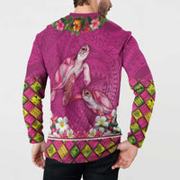 Hawaiian Lei Turtle and Plumeria Button Sweatshirt Polynerian Art Tattoo-Plum Pink Color
