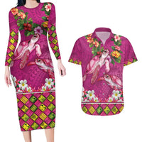 Hawaiian Lei Turtle and Plumeria Couples Matching Long Sleeve Bodycon Dress and Hawaiian Shirt Polynerian Art Tattoo-Plum Pink Color